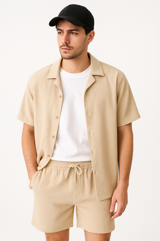 Alcott completo camicia e bermuda in tessuto strutturato beige